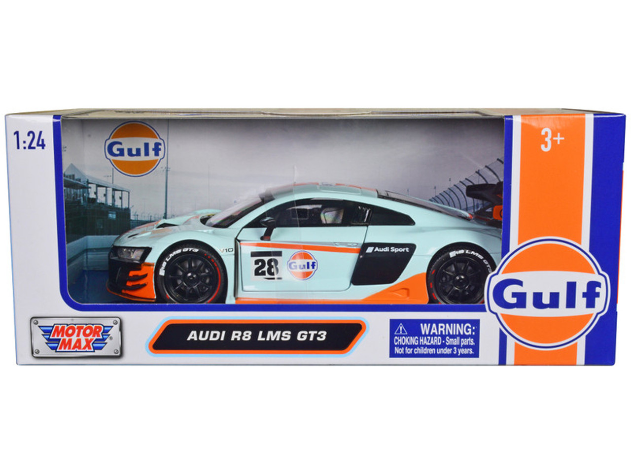 Audi R8 LMS GT3 #28 Light Blue with Orange Stripes Gulf Oil Gulf  Die-Cast Collection 1/24 Diecast Model Car by Motormax 