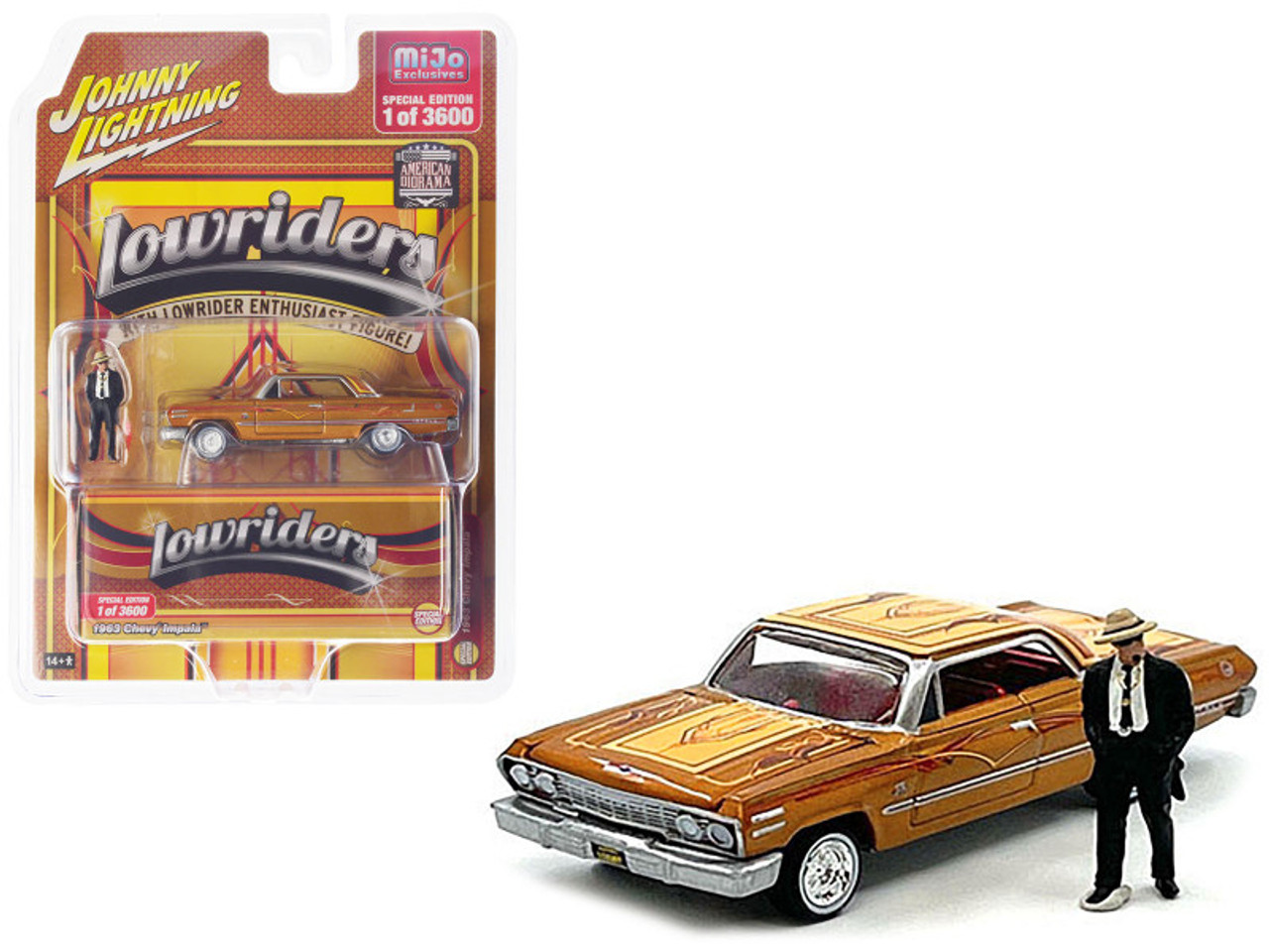 1963 Chevrolet Impala Lowrider Orange with Graphics and Diecast Figure  Limited Edition to 3600 pieces Worldwide 1/64 Diecast Model Car by Johnny  