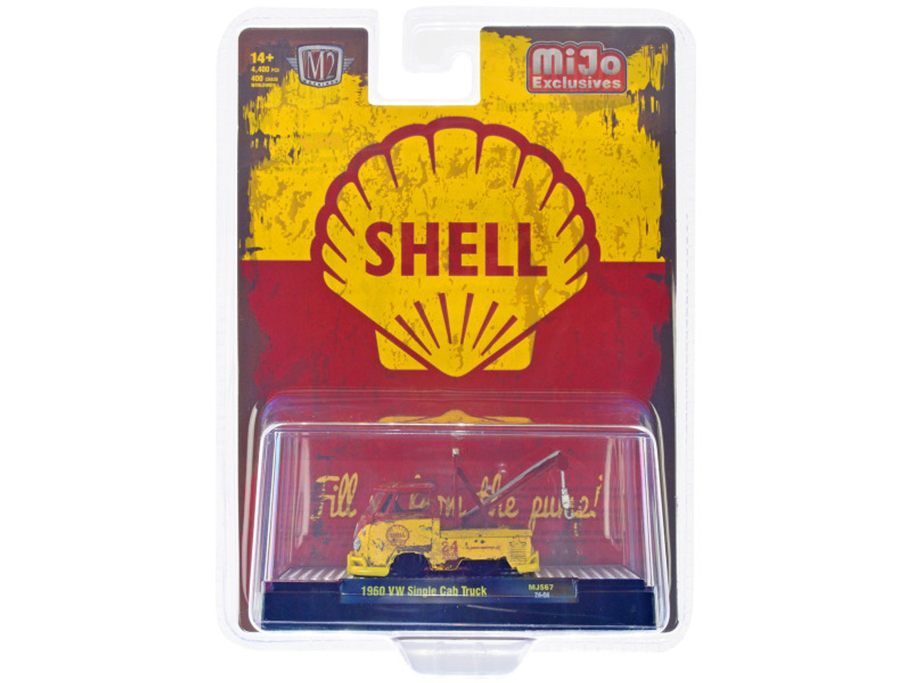 1/64 M2 Machines 1960 Volkswagen Single Cab Tow Truck Yellow and Red (Weathered) "Shell Oil" Diecast Car Model