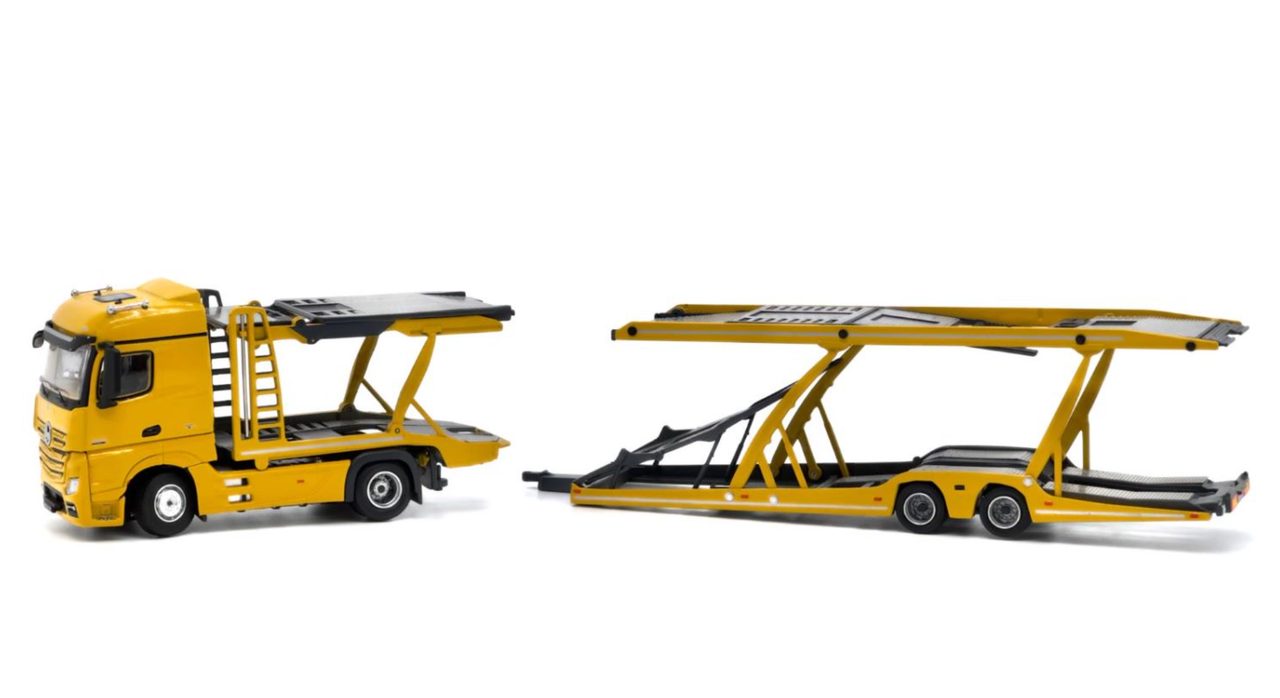 1/64 Unique Model & Tiny Mercedes-Benz Actros Double Level Transporter (Yellow) Diecast Car Model 