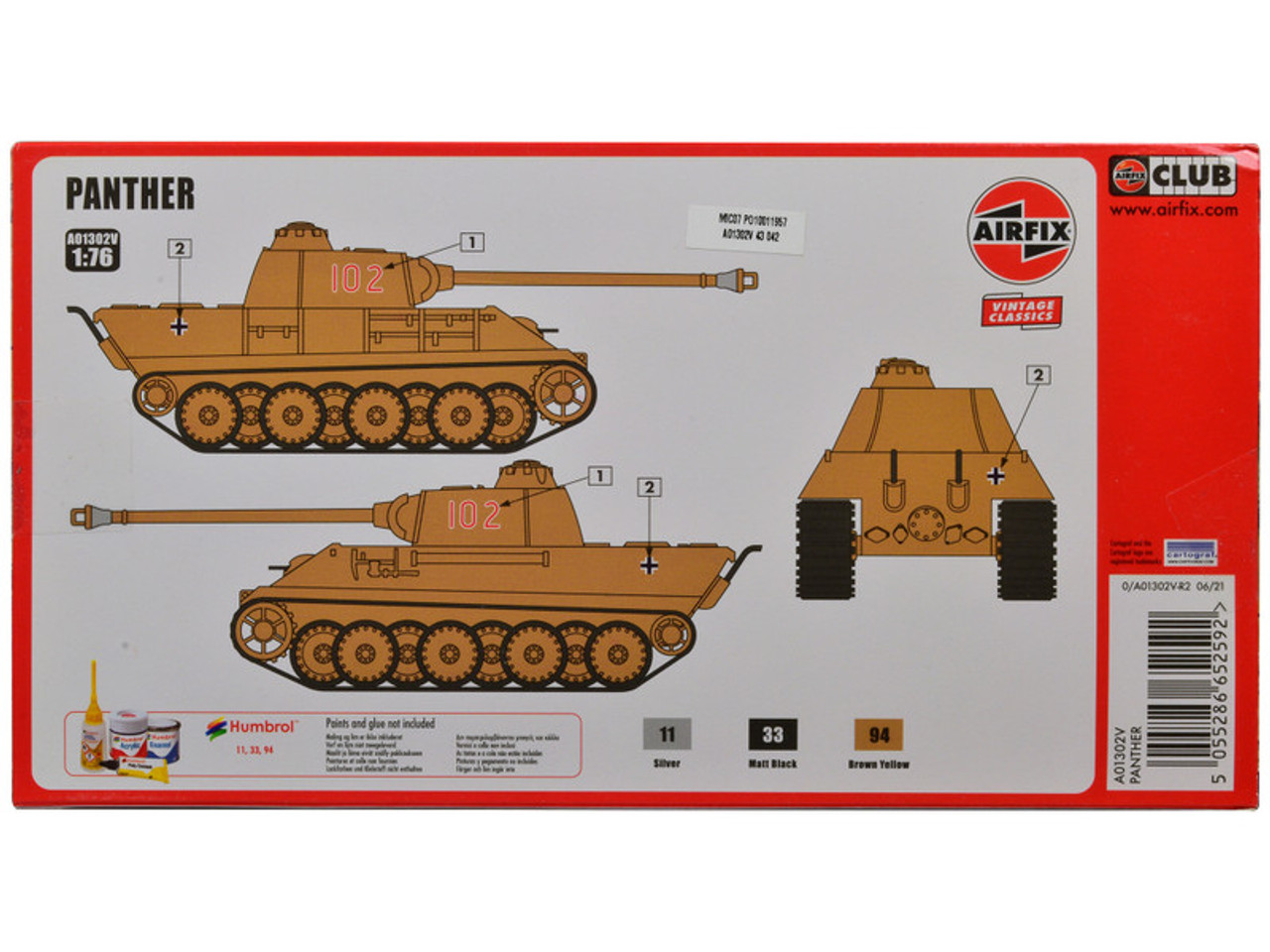 Skill 2 Model Kit German Panther Tank 1/76 Plastic Model Kit by Airfix