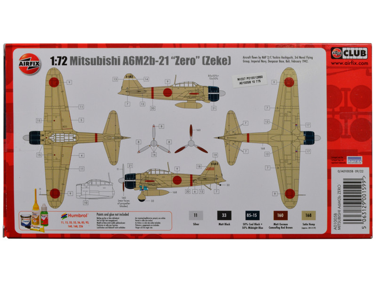 Skill 1 Model Kit Mitsubishi A6M2b Zero Fighter Aircraft 1/72 Plastic Model Kit by Airfix
