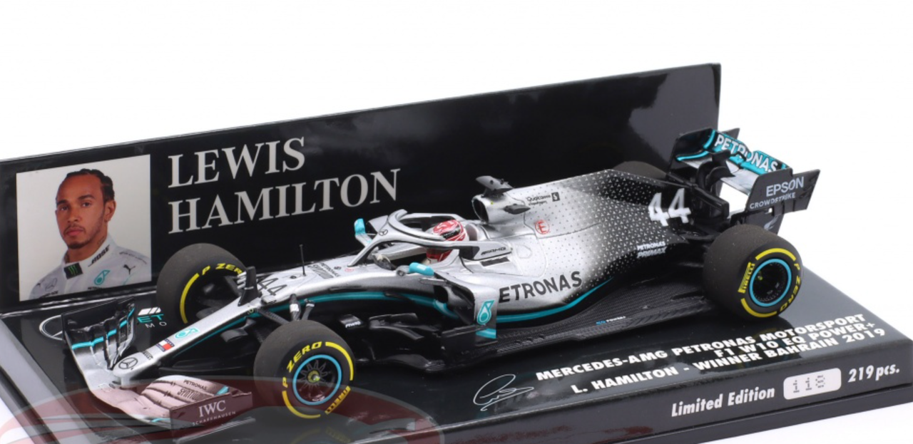 1/43 Minichamps 2019 Formula 1 Lewis Hamilton Mercedes-AMG F1 W10 #44 Winner Bahrain GP Car Model