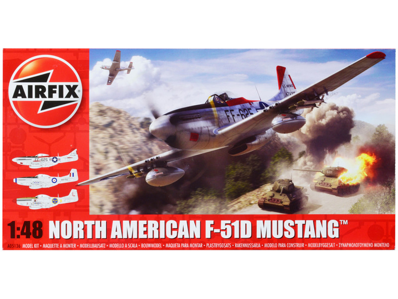 Skill 2 Model Kit North American F-51D Mustang Fighter Aircraft with 3 Scheme Options 1/48 Plastic Model Kit by Airfix