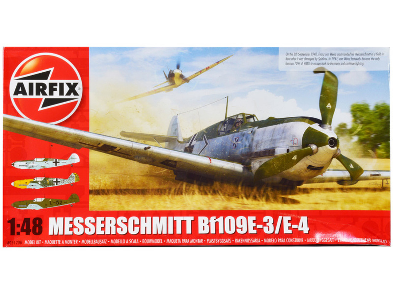 Skill 2 Model Kit Messerschmitt Bf109E-3/E-4 Fighter Aircraft with 3 Scheme Options 1/48 Plastic Model Kit by Airfix