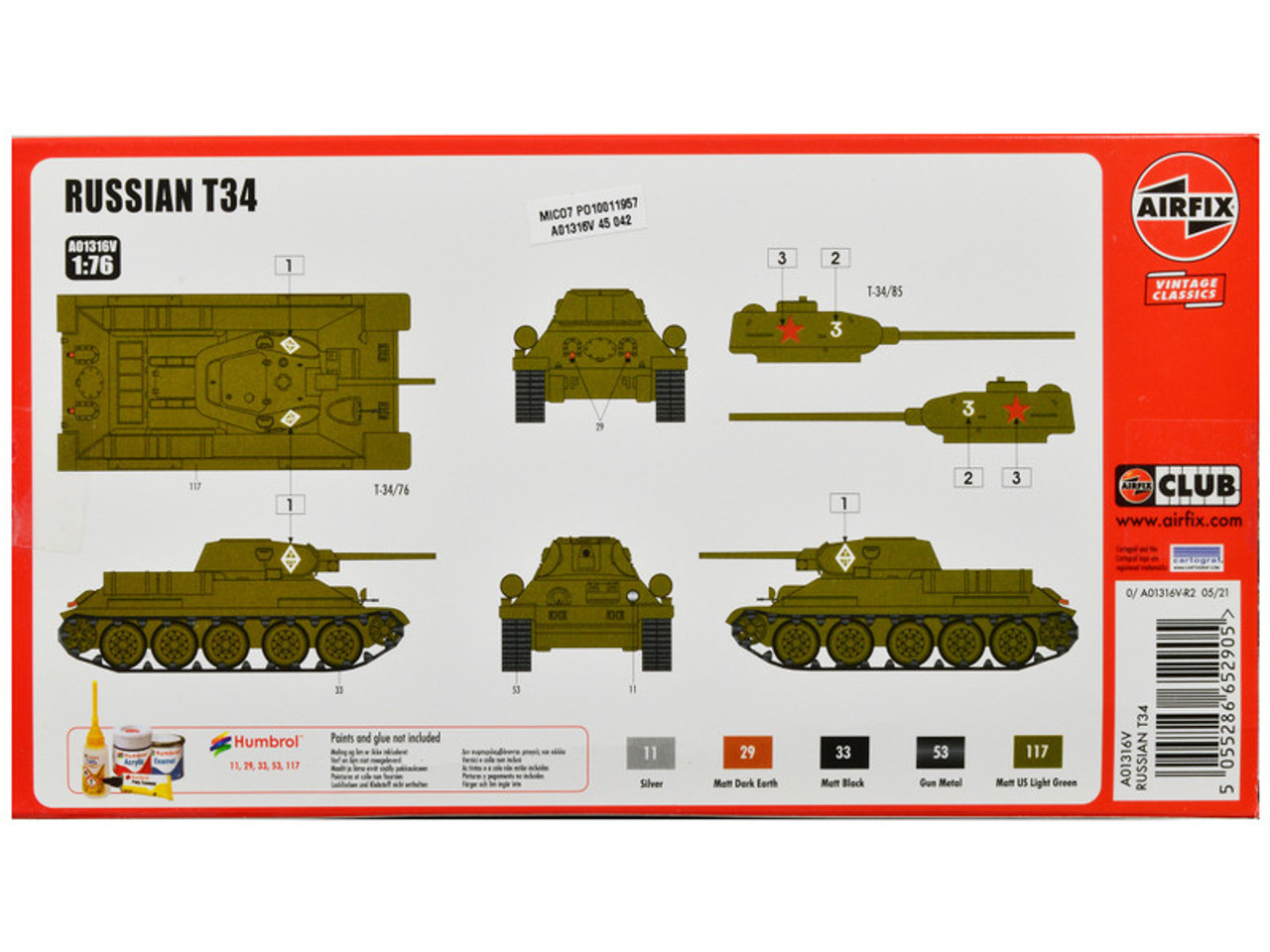 Skill 2 Model Kit Russian T34 Tank 1/76 Plastic Model Kit by Airfix