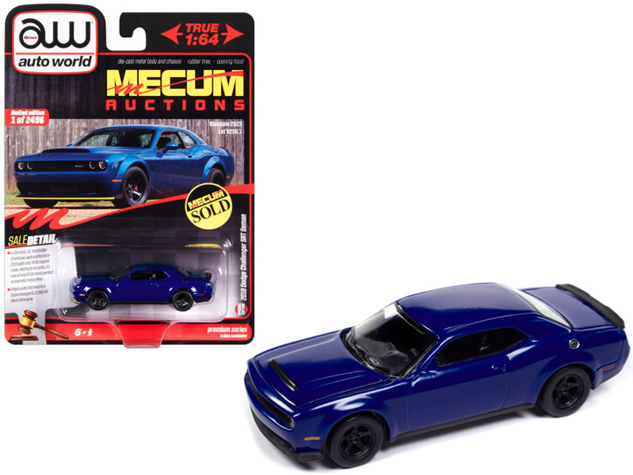 2018 Dodge Challenger SRT Demon Indigo Blue "Mecum Auctions" Limited Edition to 2496 pieces Worldwide "Premium" Series 1/64 Diecast Model Car by Auto World