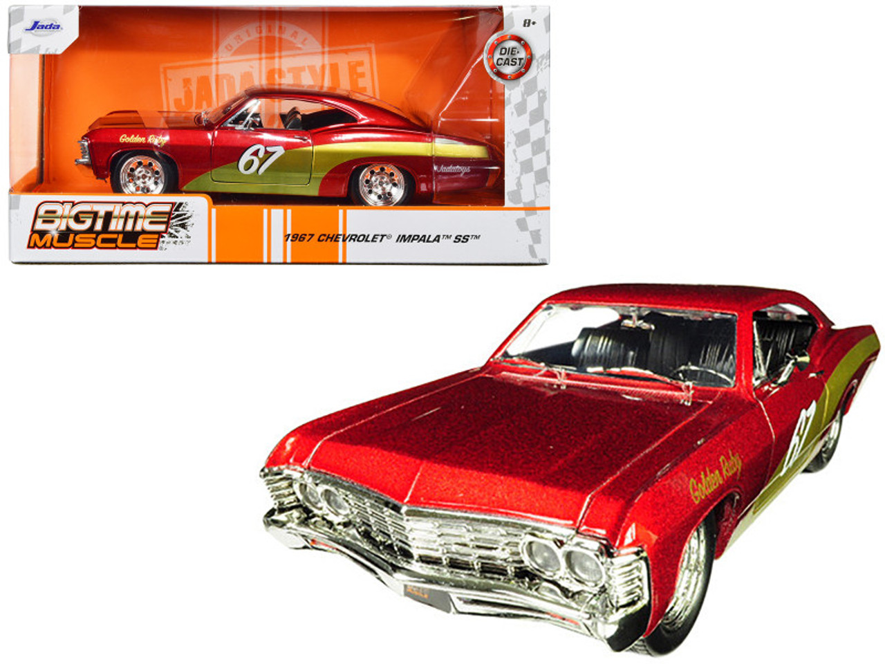 1967 Chevrolet Impala SS #67 "Golden Ruby" Red with Gold Stripes "Bigtime Muscle" 1/24 Diecast Model Car by Jada
