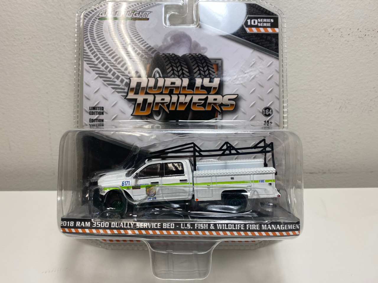 CHASE CAR 1/64 Greenlight 2018 Dodge Ram 3500 Dually Service Bed Truck White with Green Stripes "U.S. Fish & Wildlife Fire Management" "Dually Drivers" Diecast Car Model