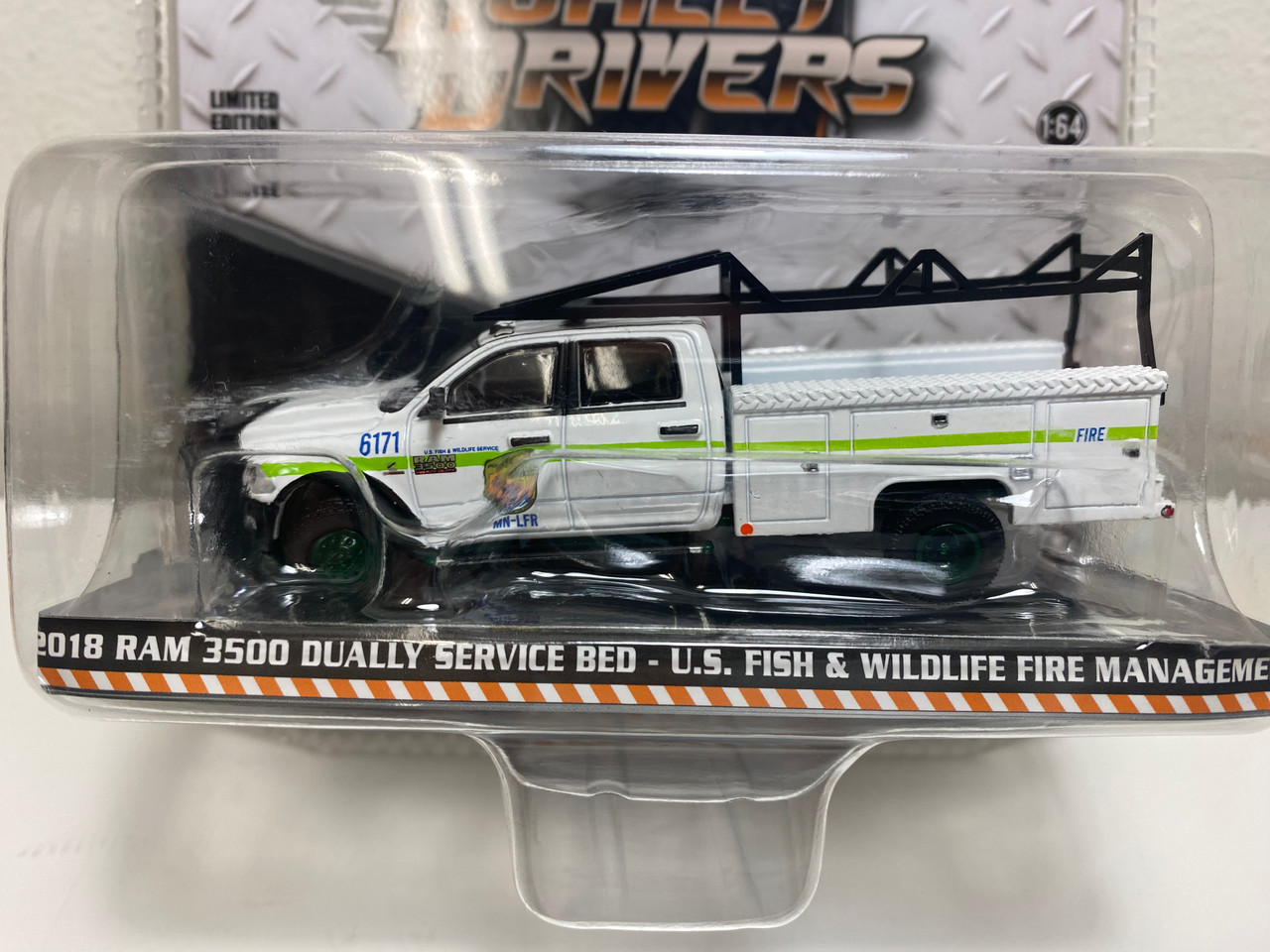 CHASE CAR 1/64 Greenlight 2018 Dodge Ram 3500 Dually Service Bed Truck White with Green Stripes "U.S. Fish & Wildlife Fire Management" "Dually Drivers" Diecast Car Model