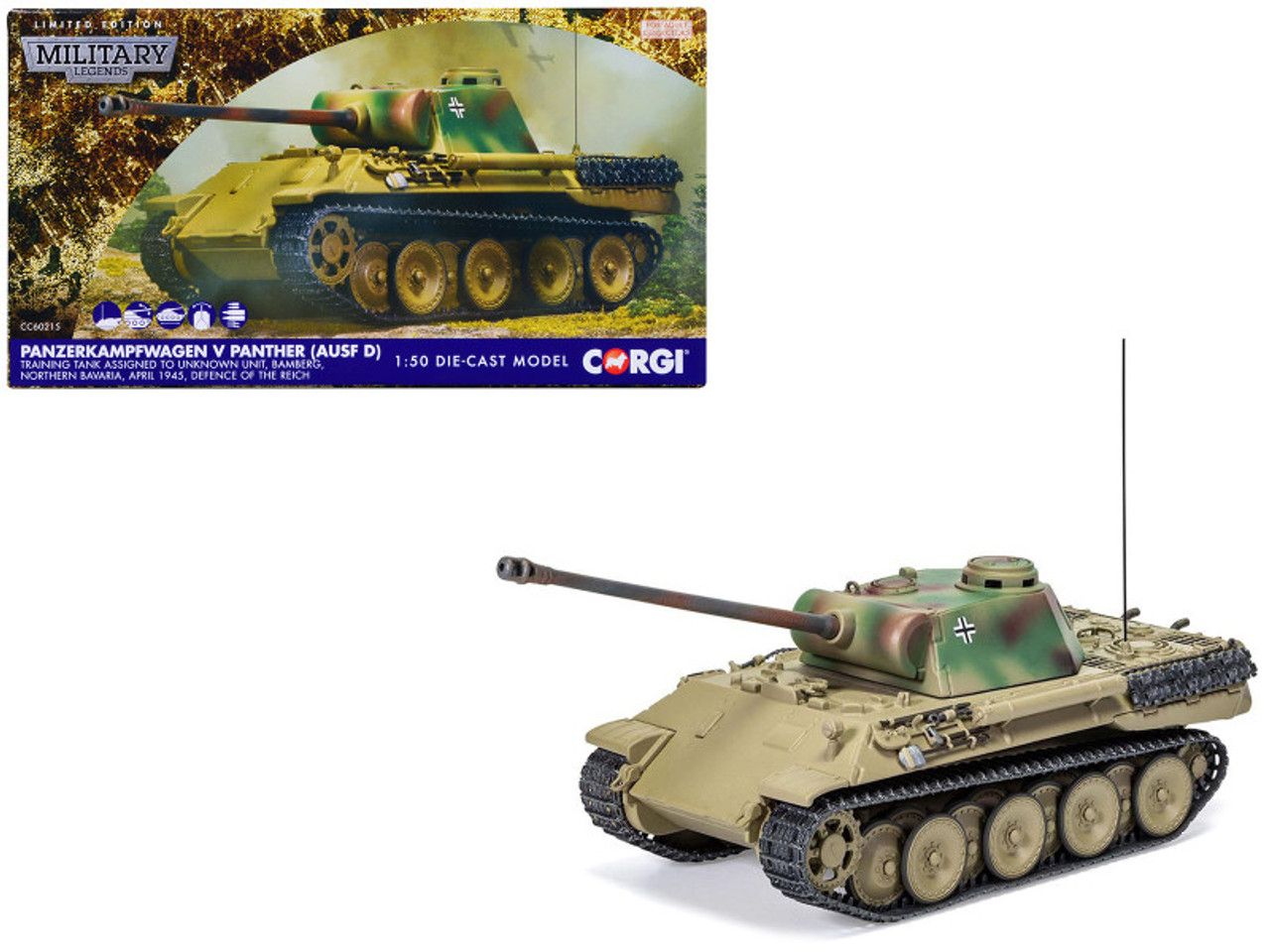 Panzerkampfwagen V Panther (Ausf D) Tank "Training Unit Bamberg North Bavaria Defence of the Reich" (1945) German Army "Military Legends" Series 1/50 Diecast Model by Corgi