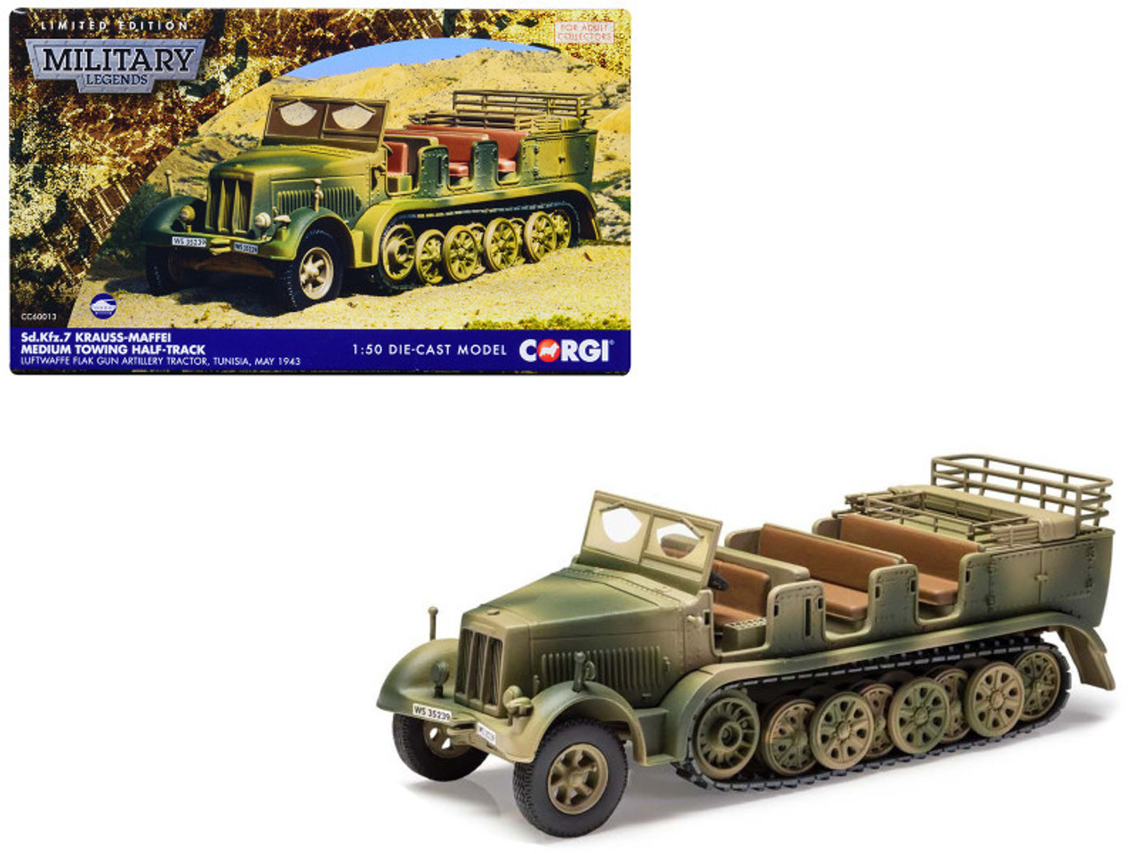 Krauss-Maffei Sd.Kfz.7 Medium Towing Half-Track AFV "Luftwaffe FlaK Gun Artillery Tractor Tunisia" (1943) German Army "Military Legends" Series 1/50 Diecast Model by Corgi