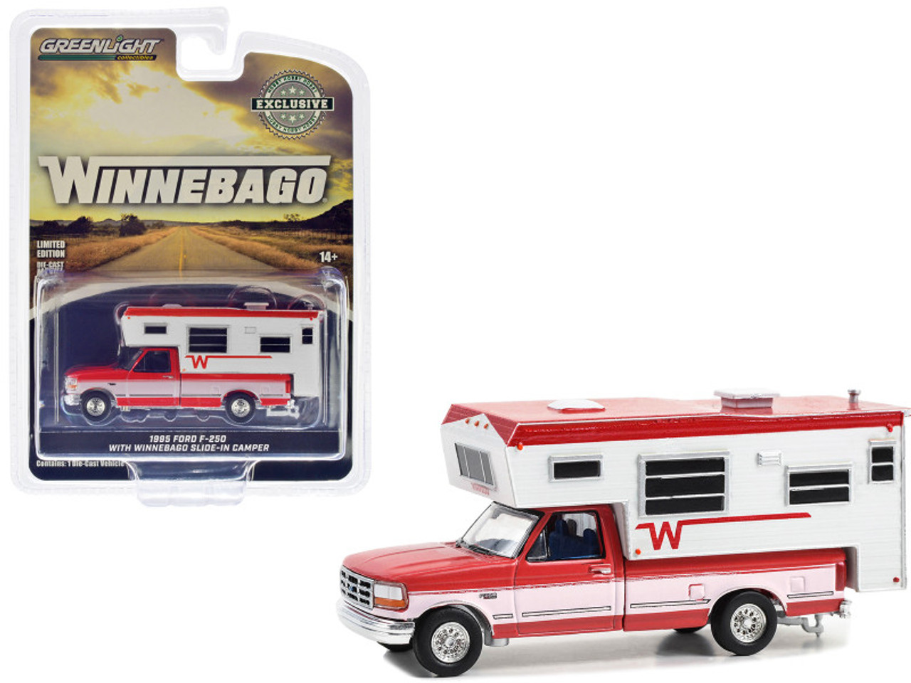 1995 Ford F-250 Long Bed Pickup Truck with Winnebago Slide-In Camper Bright Red and Oxford White "Hobby Exclusive" Series 1/64 Diecast Model Car by Greenlight