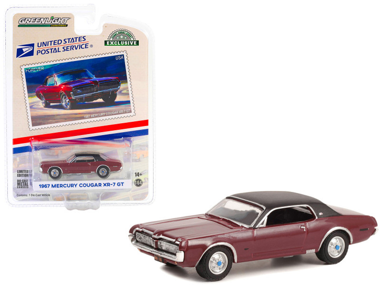 1967 Mercury Cougar XR-7 GT Dark Red with Black Top USPS (United States Postal Service) "2022 Pony Car Stamp Collection by Artist Tom Fritz" "Hobby Exclusive" Series 1/64 Diecast Model Car by Greenlight
