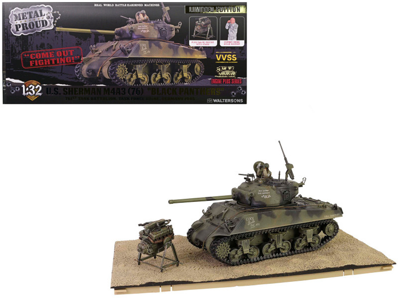 Sherman M4A3 76 Medium Tank Black Panthers 761st Tank Battalion Task Force Rhine Germany 1945 United States Army Engine Plus Series 1/32 Diecast Model Metal Proud MP-912132C