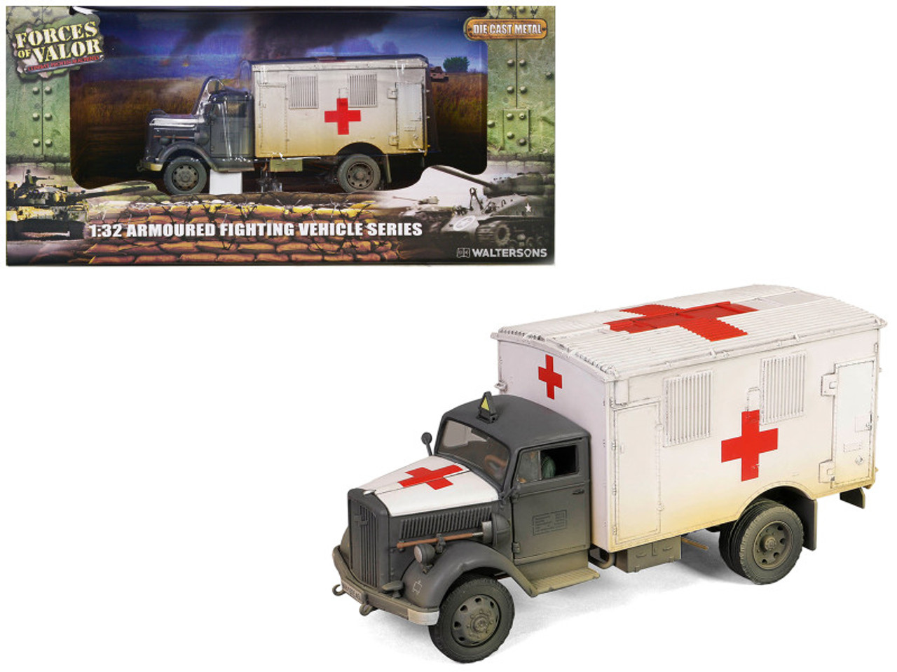 Opel-Blitz Kfz.305 Ambulance Gray and White (Weathered) "German Army" "Armoured Fighting Vehicle" Series 1/32 Diecast Model by Forces of Valor