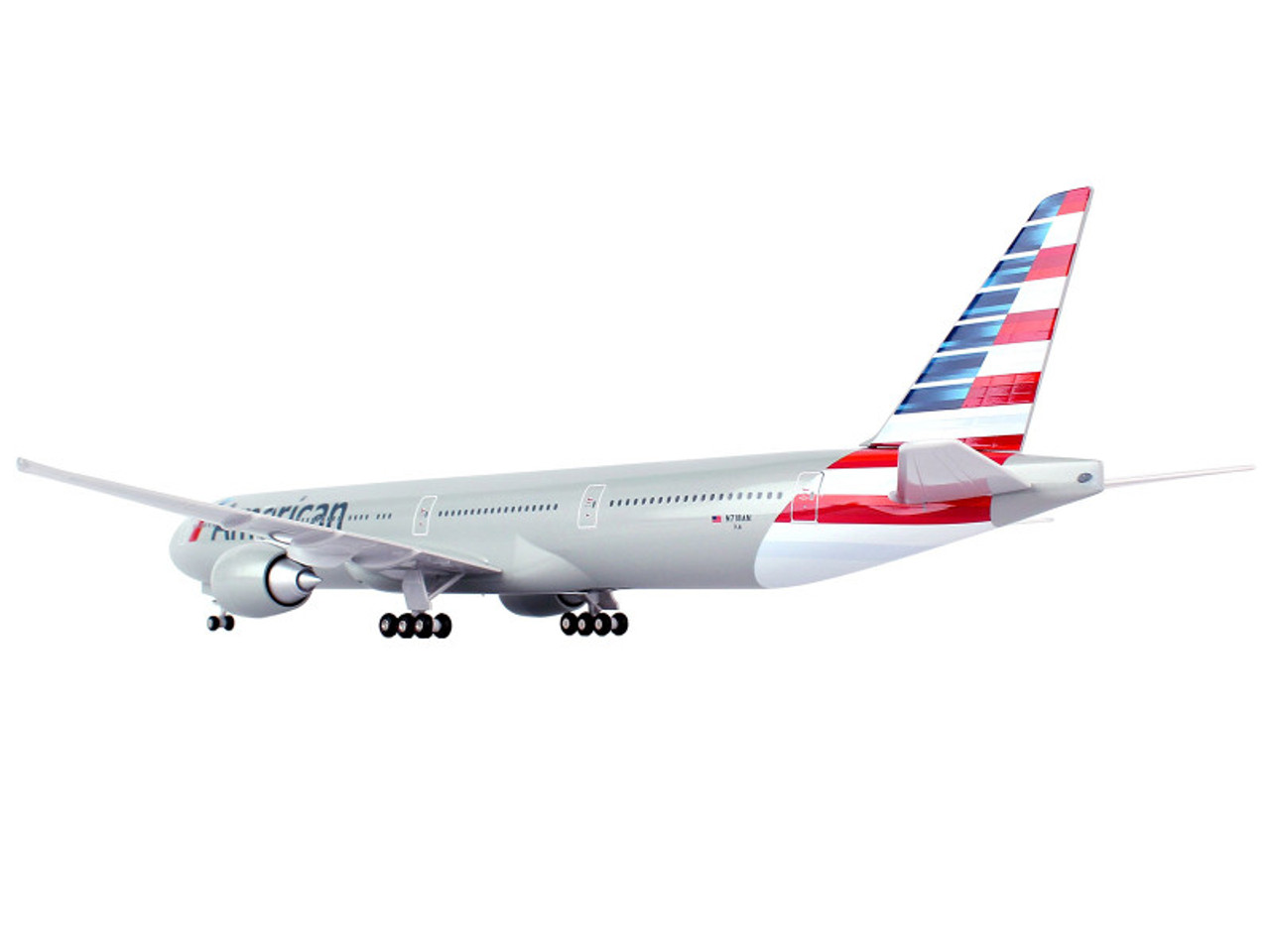 Boeing 777-300ER Commercial Aircraft with Landing Gear "American Airlines" (N718AN) Gray with Blue and Red Tail (Snap-Fit) 1/200 Plastic Model by Skymarks