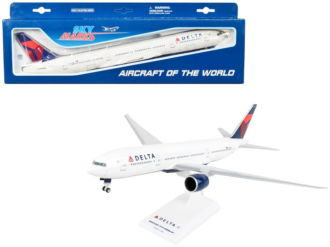 Boeing 777-200 Commercial Aircraft with Landing Gear "Delta Air Lines" (N709DN) White with Blue and Red Tail (Snap-Fit) 1/200 Plastic Model by Skymarks