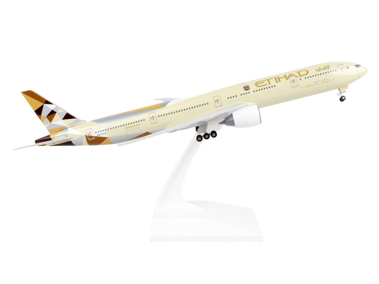 Boeing 777-300ER Commercial Aircraft with Landing Gear "Etihad Airways" (A6-ETA) Beige with Tail Graphics (Snap-Fit) 1/200 Plastic Model by Skymarks