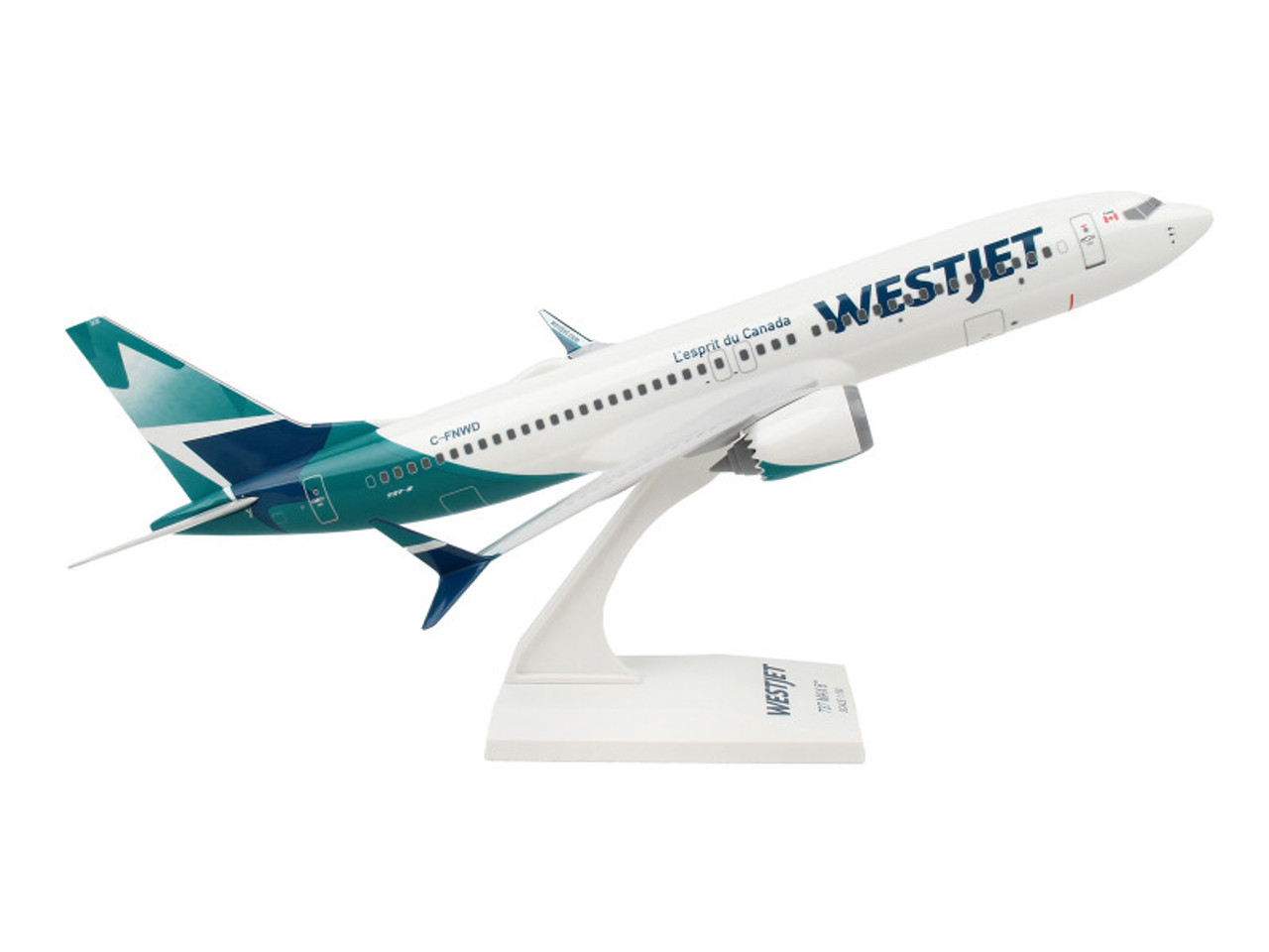 Boeing 737 MAX 8 Commercial Aircraft "WestJet Airlines" (C-FNWD) White with Teal Tail (Snap-Fit) 1/130 Plastic Model by Skymarks
