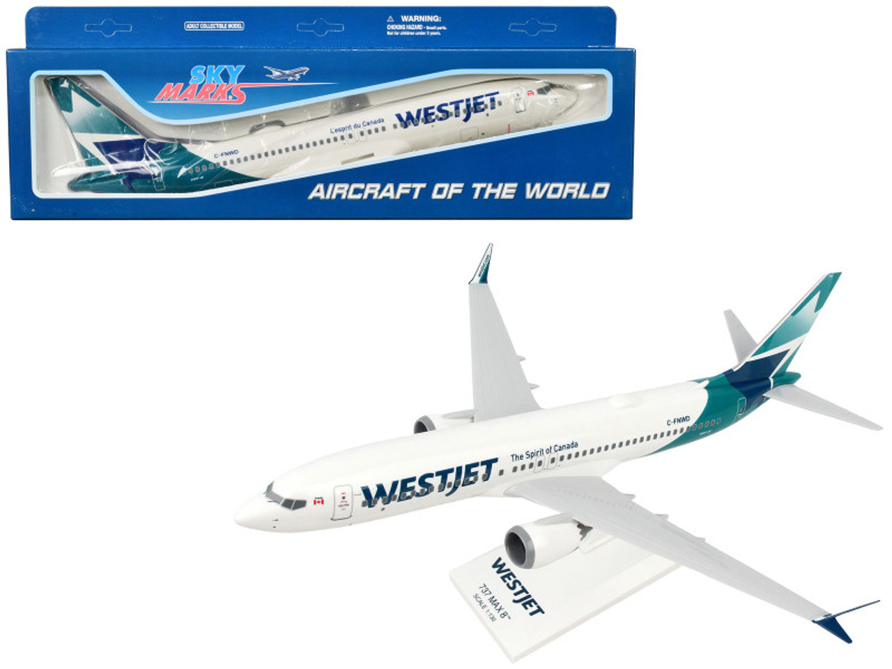 Boeing 737 MAX 8 Commercial Aircraft "WestJet Airlines" (C-FNWD) White with Teal Tail (Snap-Fit) 1/130 Plastic Model by Skymarks