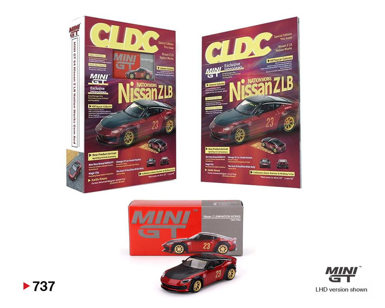 1/64 Mini GT CLDC Magazine with Nissan Z LB Nation Works (M Red) Diecast Car Model