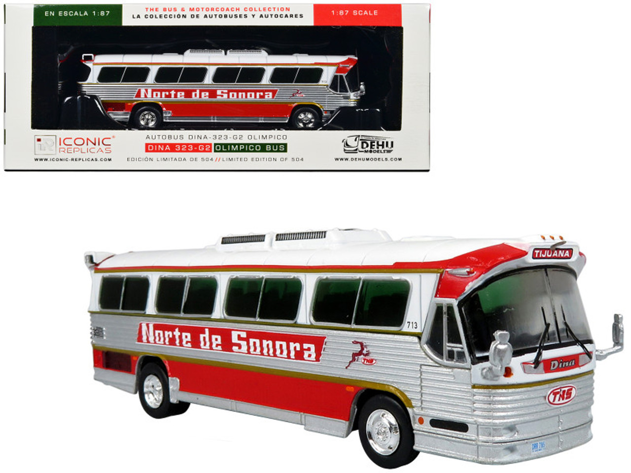 Dina 323-G2 Olimpico Coach Bus "Norte de Sonora" White and Silver with Red Stripes Limited Edition to 504 pieces Worldwide "The Bus and Motorcoach Collection" 1/87 (HO) Diecast Model by Iconic Replicas