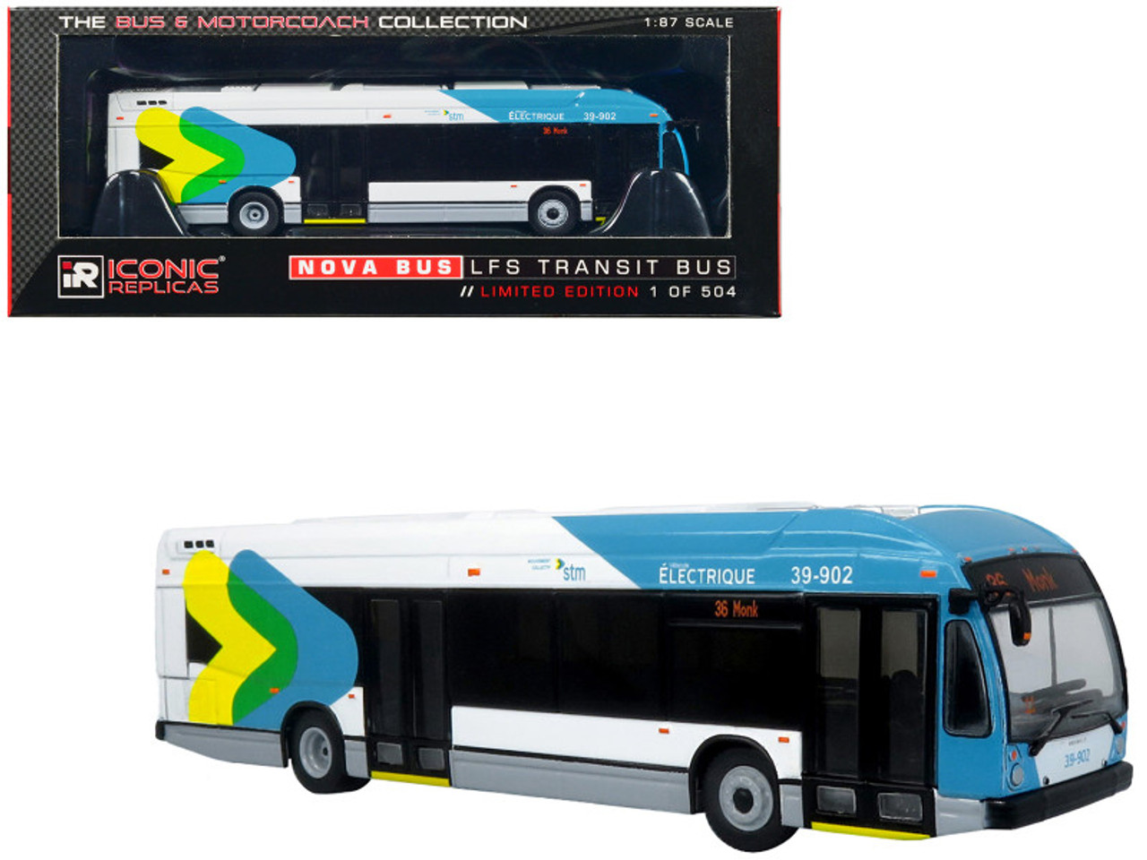 Nova Bus LFSe Electric Transit Bus STM Montreal "36 Monk" Limited Edition to 504 pieces Worldwide "The Bus and Motorcoach Collection" 1/87 (HO) Diecast Model by Iconic Replicas