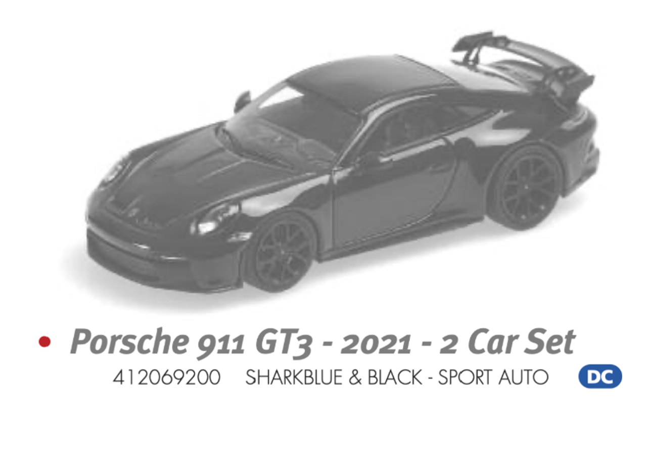 1/43 Minichamps  2 CAR SET - PORSCHE 911 (992) GT3 - 2021 - SHARK BLUE & BLACK - SPORT AUTO Diecast Car Model