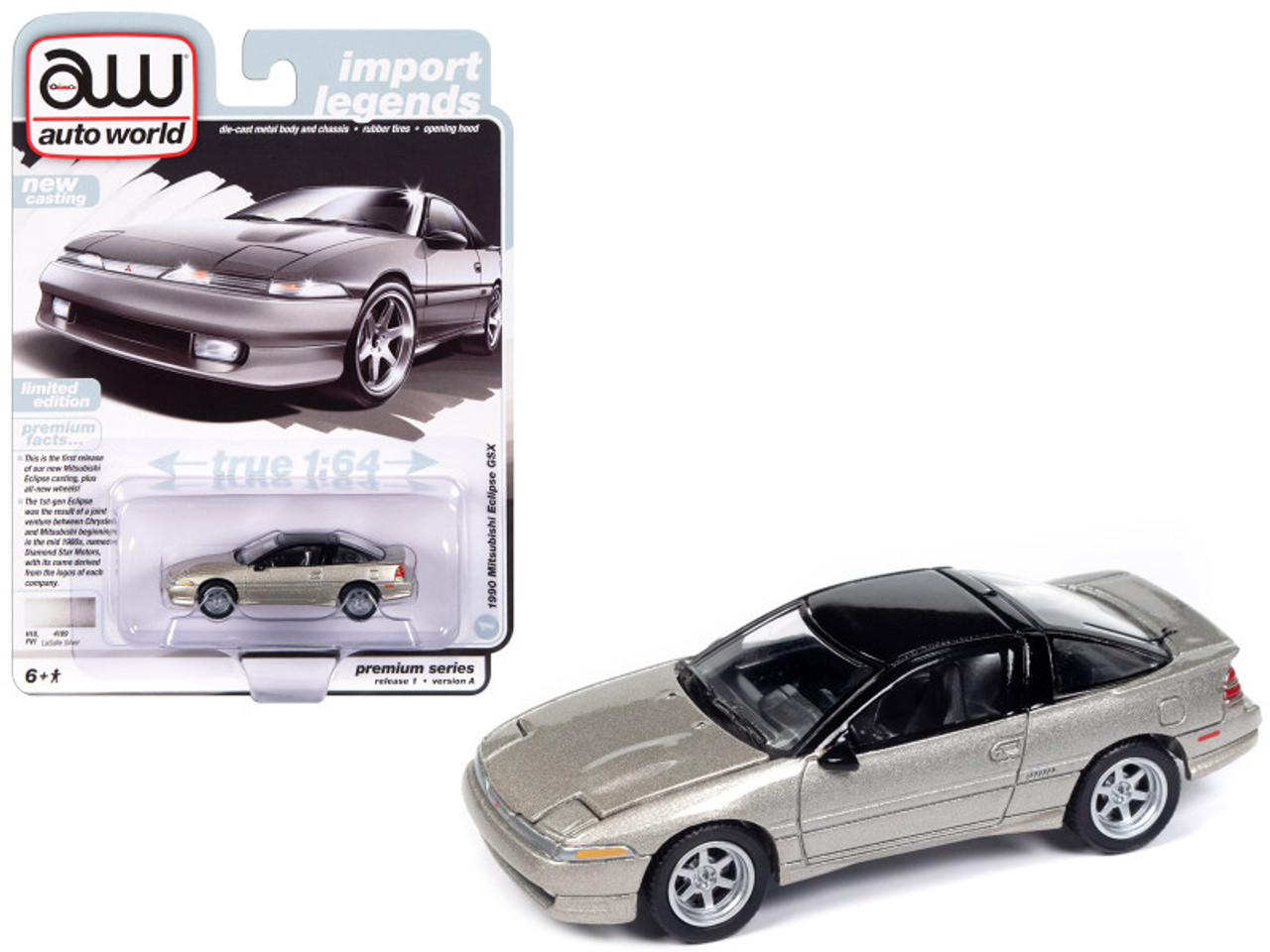 1990 Mitsubishi Eclipse GSX LaSalle Silver Metallic with Black Top "Import Legends" Limited Edition 1/64 Diecast Model Car by Auto World