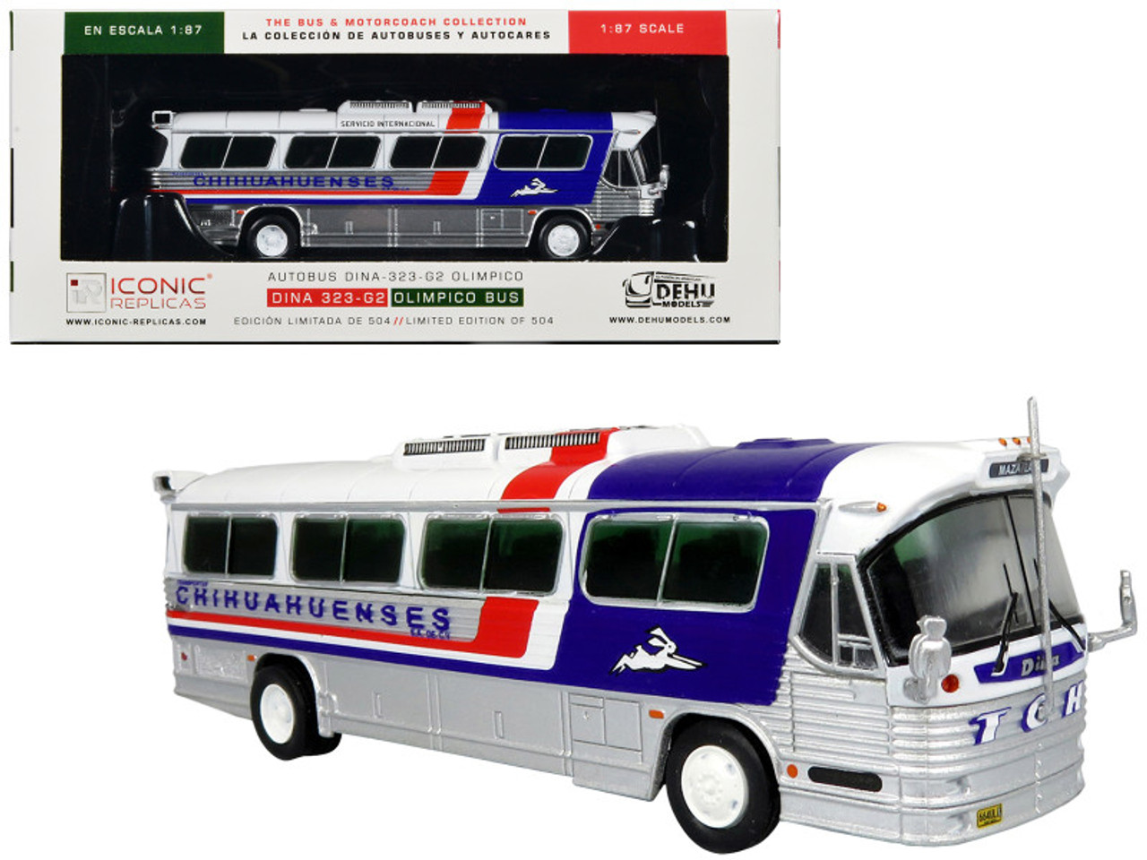 Dina 323-G2 Olimpico Coach Bus "Transportes Chihuahuenses" White and Silver with Red and Blue Stripes Limited Edition to 504 pieces Worldwide "The Bus and Motorcoach Collection" 1/87 (HO) Diecast Model by Iconic Replicas