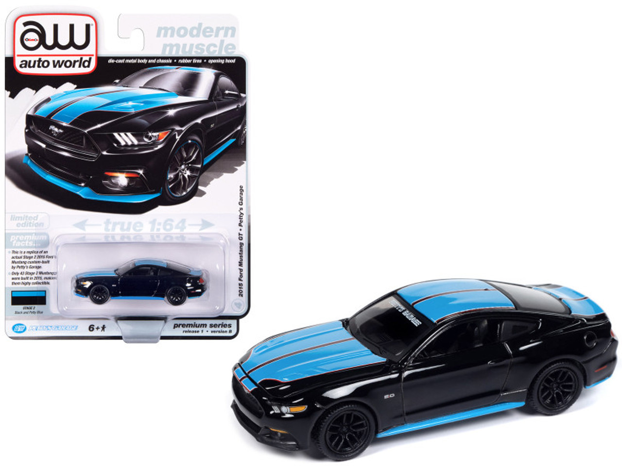 2015 Ford Mustang GT "Petty's Garage" Black with Petty Blue Stripes "Modern Muscle" Limited Edition 1/64 Diecast Model Car by Auto World