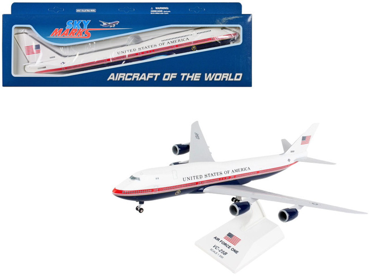 Boeing 747-8i (VC-25B) Commercial Aircraft "Air Force One - United States of America" (30000) White with Red and Blue Stripes (Snap-Fit) 1/200 Plastic Model by Skymarks