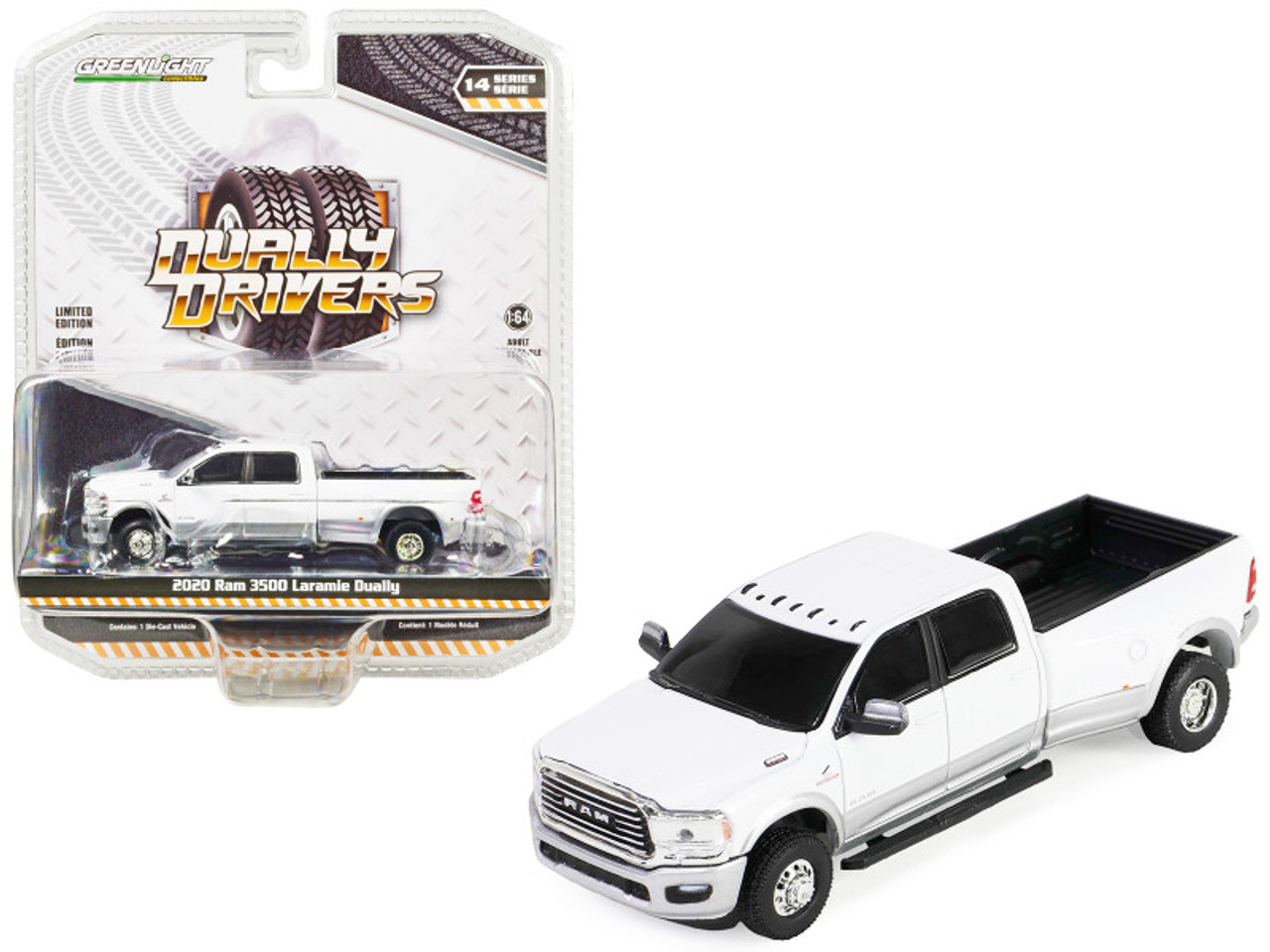 2020 Dodge Ram 3500 Laramie Dually Pickup Truck Bright White and Billet Silver "Dually Drivers" Series 14 1/64 Diecast Model Car by Greenlight