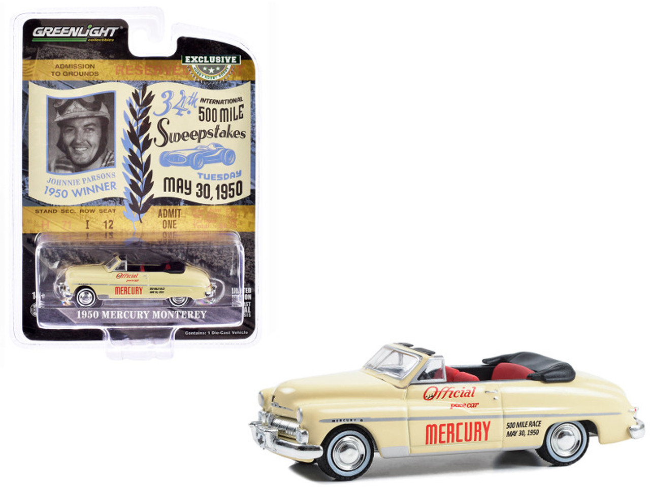 1950 Mercury Monterey Convertible Cream "Official Pace Car 34th International 500 Mile Sweepstakes" "Hobby Exclusive" Series 1/64 Diecast Model Car by Greenlight