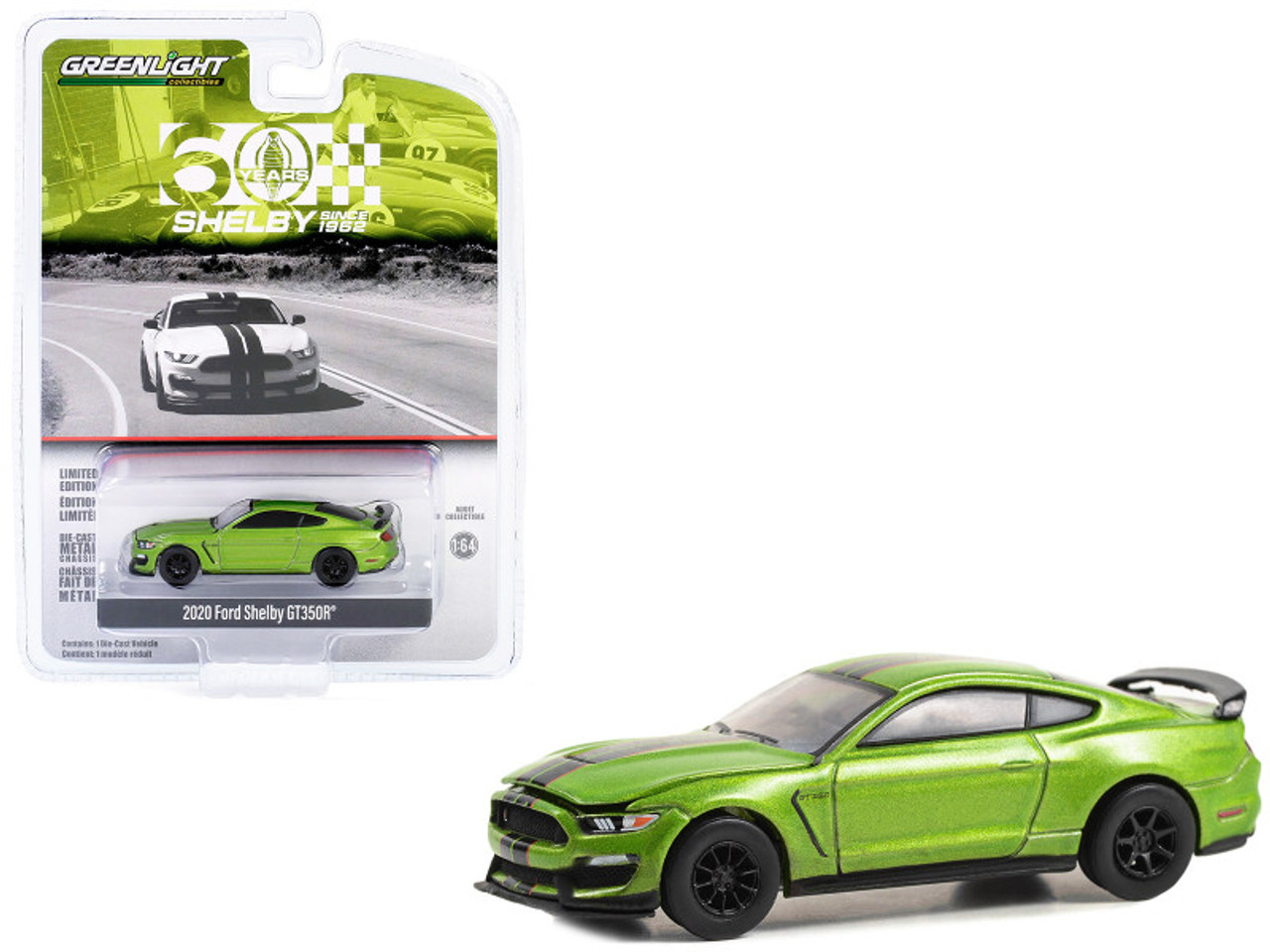 2020 Ford Shelby GT350R Lime Green Metallic with Black Stripes "Shelby 60 Years Since 1962" "Anniversary Collection" Series 16 1/64 Diecast Model Car by Greenlight