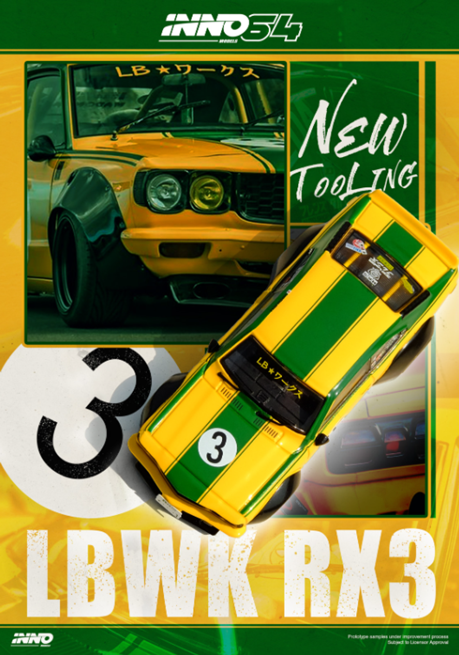1/64 Inno Mazda RX-3 RX3 LBWK Savanna #3 (Yellow & Green) Diecast Car Model