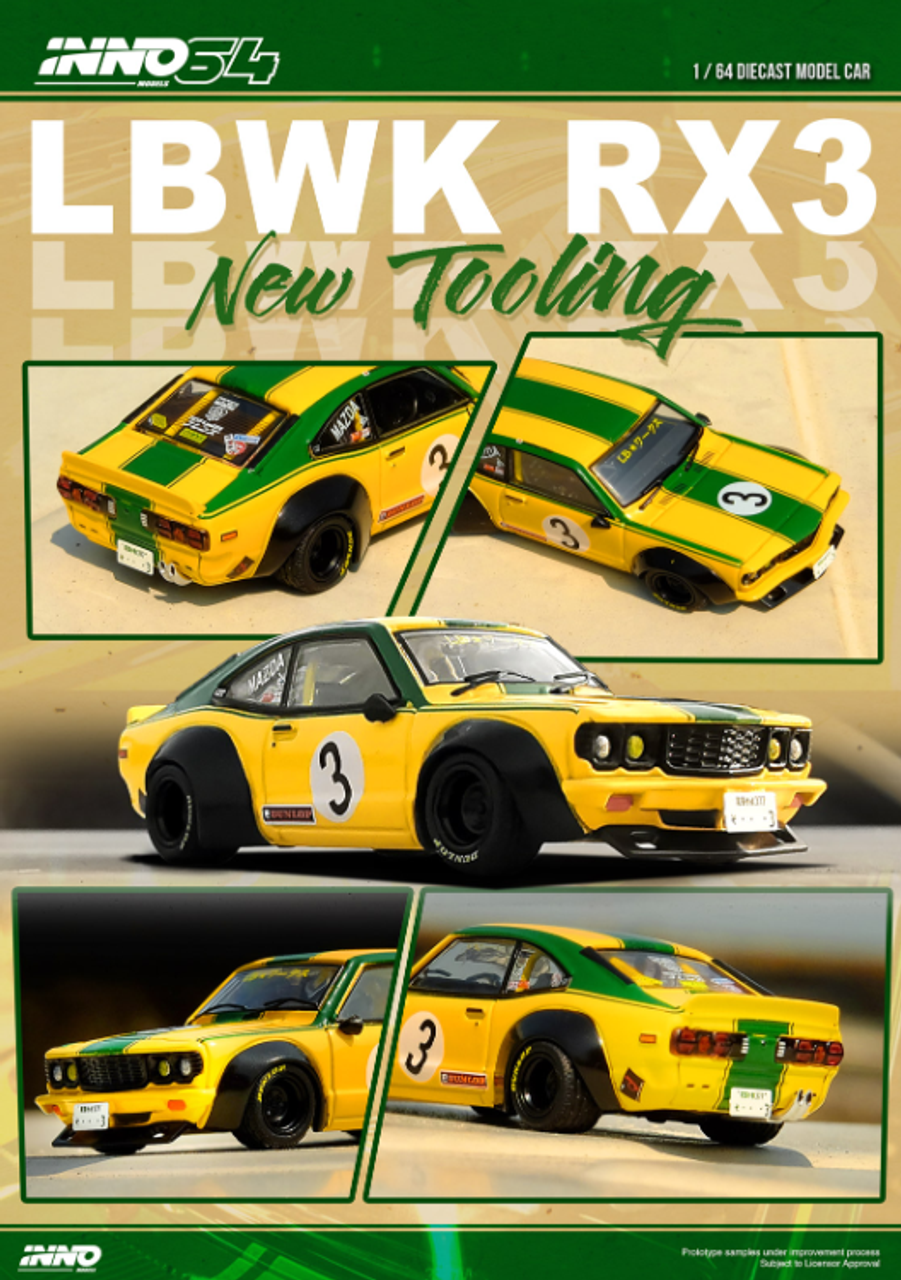 1/64 Inno Mazda RX-3 RX3 LBWK Savanna #3 (Yellow & Green) Diecast Car Model