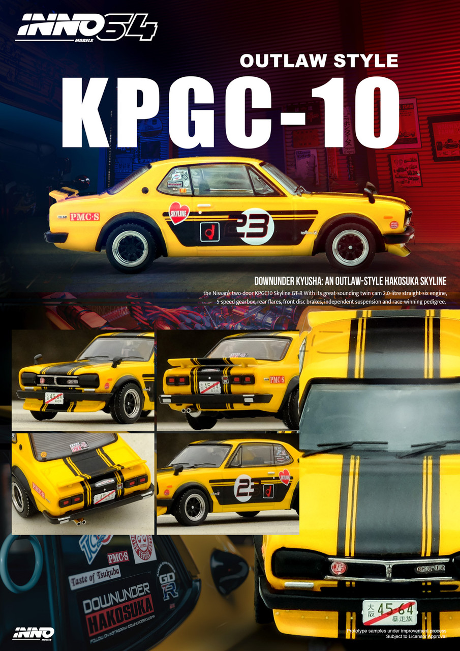 1/64 Inno Nissan Skyline 2000 GT-R (KPGC10) #2 Outlaw Style (Yellow) Diecast Car Model