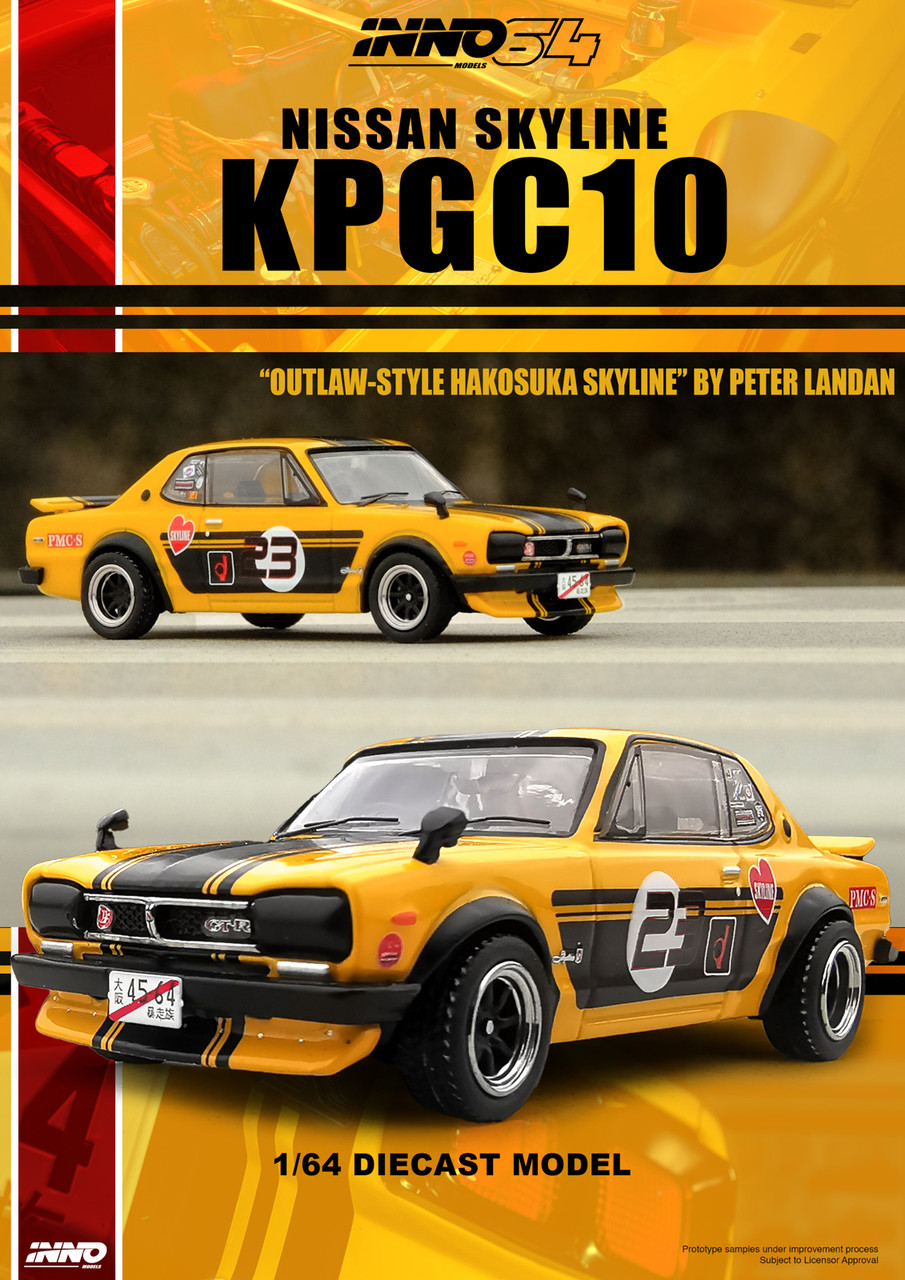 1/64 Inno Nissan Skyline 2000 GT-R (KPGC10) #2 Outlaw Style (Yellow) Diecast Car Model