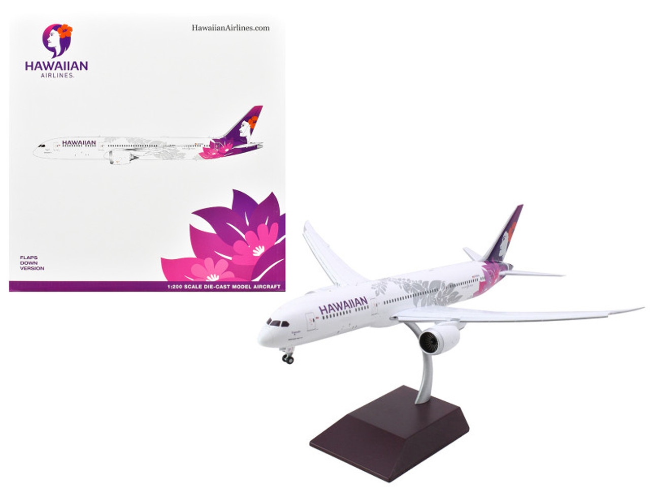 Boeing 787-9 Dreamliner Commercial Aircraft with Flaps Down "Hawaiian Airlines" (N780HA) White with Purple Tail "Gemini 200" Series 1/200 Diecast Model Airplane by GeminiJets