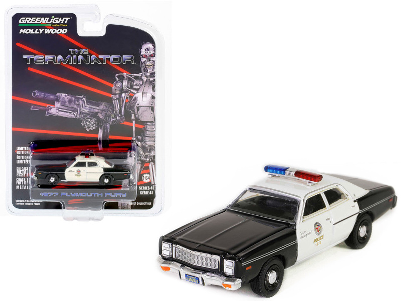 1977 Plymouth Fury Black and White "Metropolitan Police" "The Terminator" (1984) Movie "Hollywood Series" Release 41 1/64 Diecast Model Car by Greenlight
