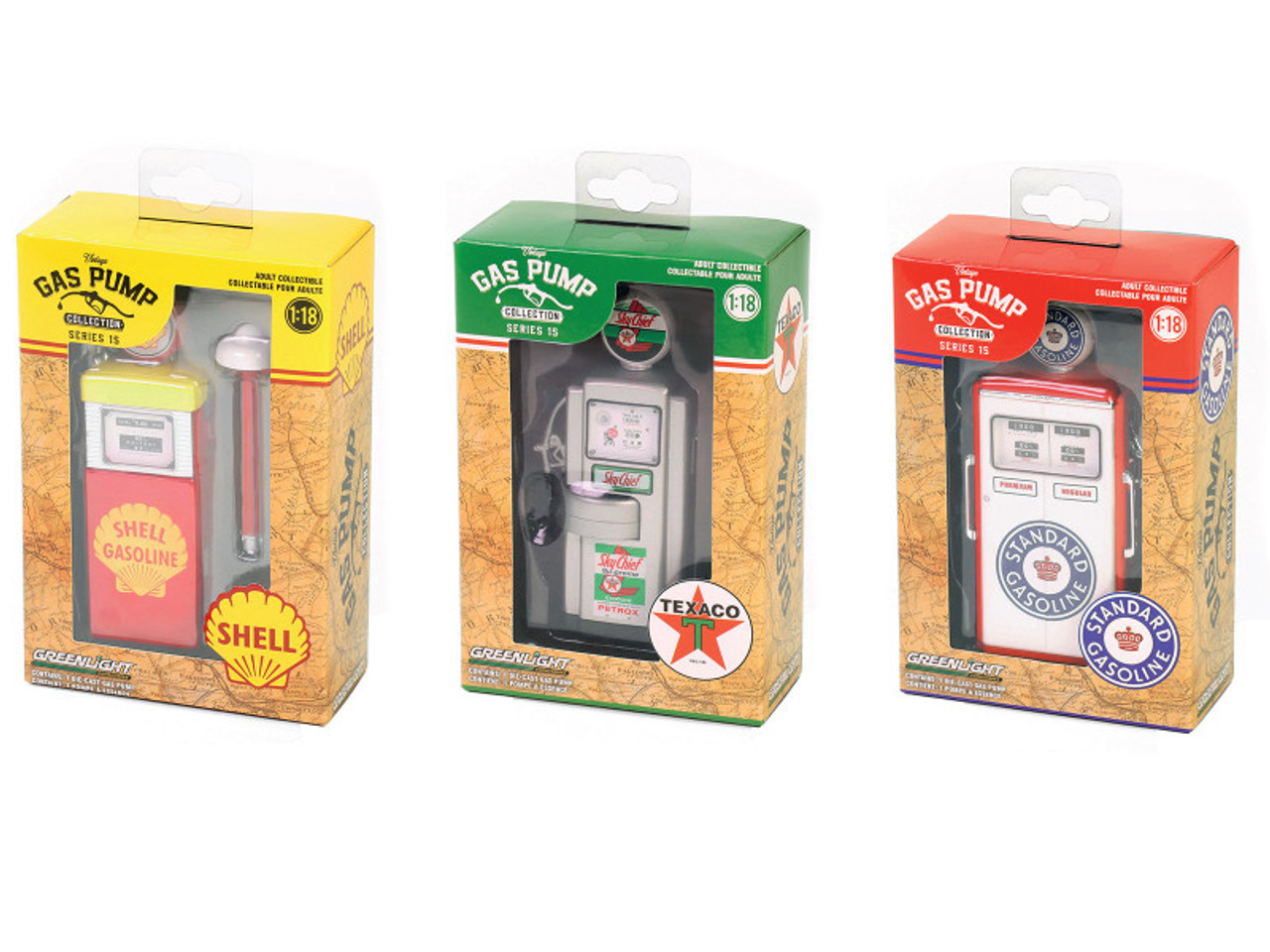 "Vintage Gas Pump" Set of 3 Pumps Series 15 1/18 Diecast Models by Greenlight