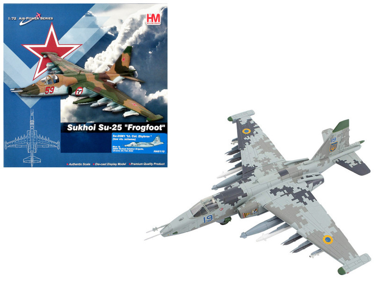 Sukhoi Su-25M1 Frogfoot Aircraft "Lieutenant Colonel Zhybrov 299th Tactical Aviation Brigade" (2022) Ukrainian Air Force "Air Power Series" 1/72 Diecast Model by Hobby Master