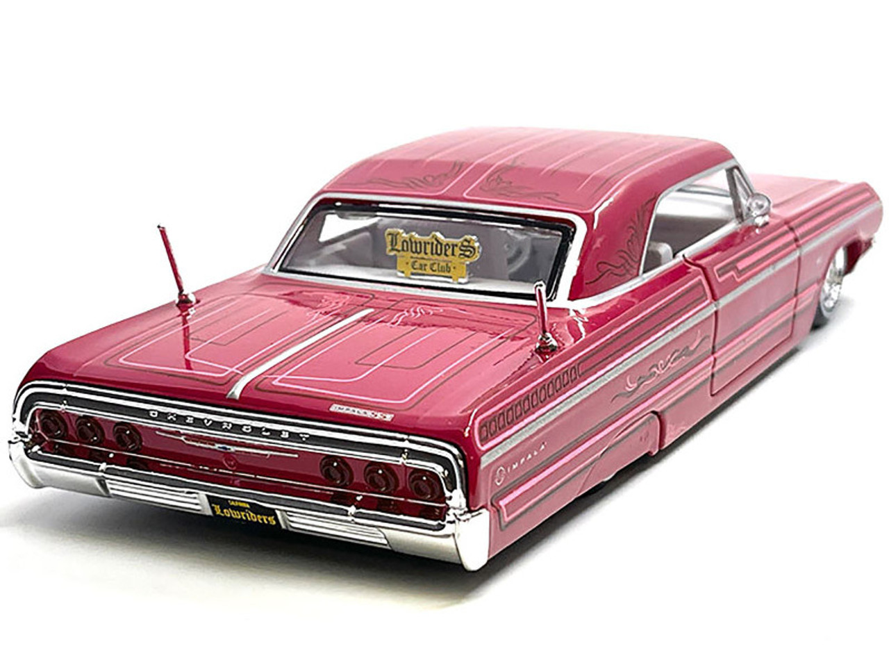 1964 Chevrolet Impala SS Lowrider Pink with Graphics and White Interior "Lowriders" "Maisto Design" Series 1/26 Diecast Model Car by Maisto