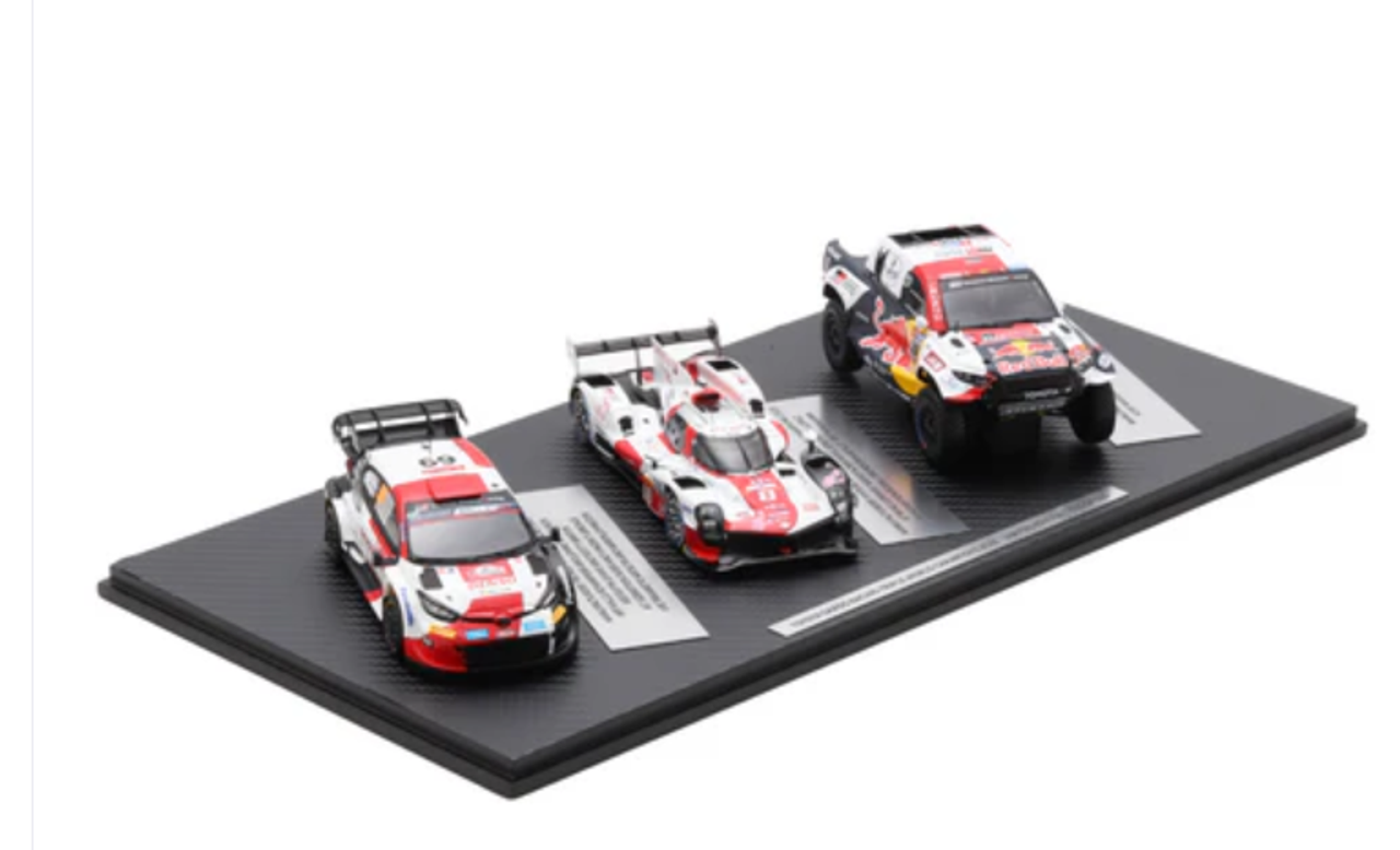 1/43 Spark 3-Car Set 2023 Toyota Gazoo Racing Triple Champion Toyota GR Yaris Rally1 Hybrid #69, Toyota GR010 Hybrid #8, Toyota GR DKR Hilux T1+ #200 Car Models