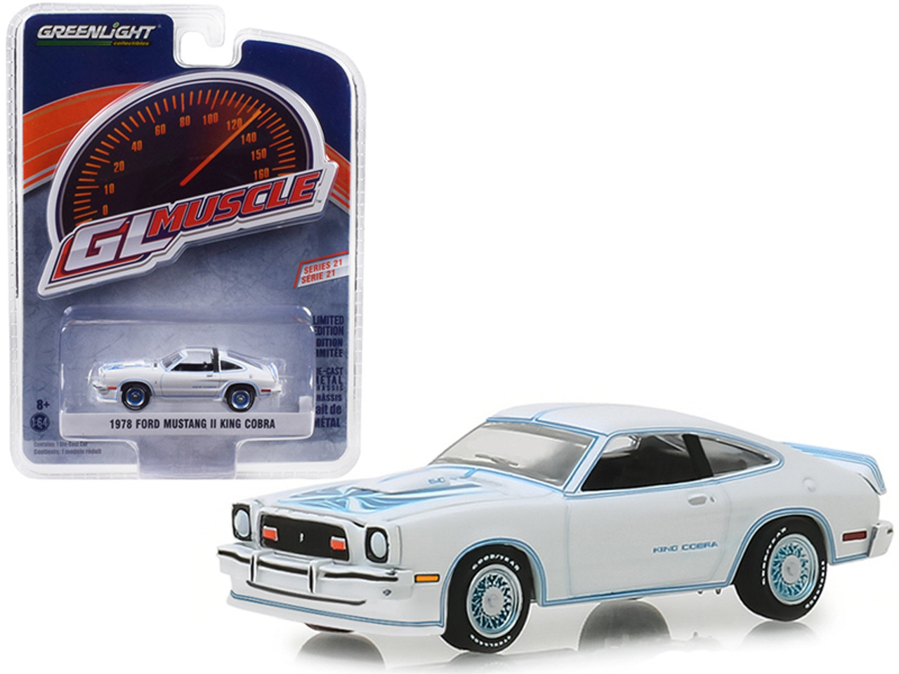 1/64 Greenlight 1978 Ford Mustang II King Cobra White with Blue Stripes "Greenlight Muscle" Series 21 Diecast Car Model