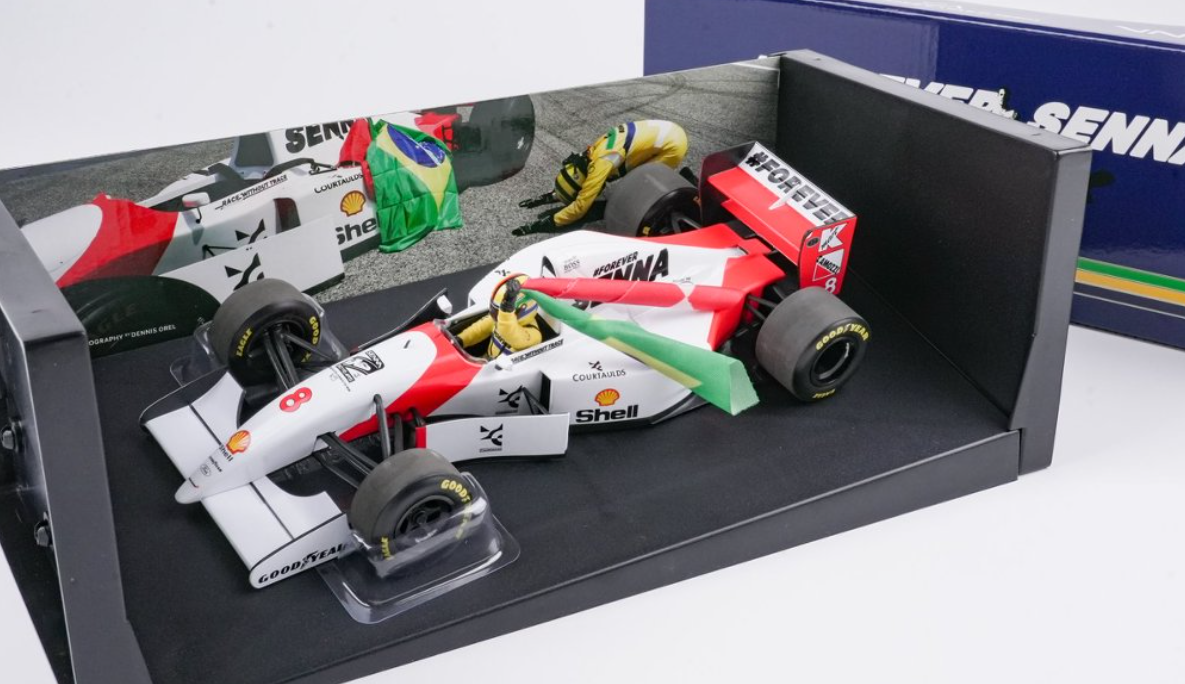 1/18 Minichamps Formula 1 McLaren Ford MP4/8 Sebastian Vettel Tribute Imola Ayrton Senna May 18th 2024 Car Model with Figure & Flag