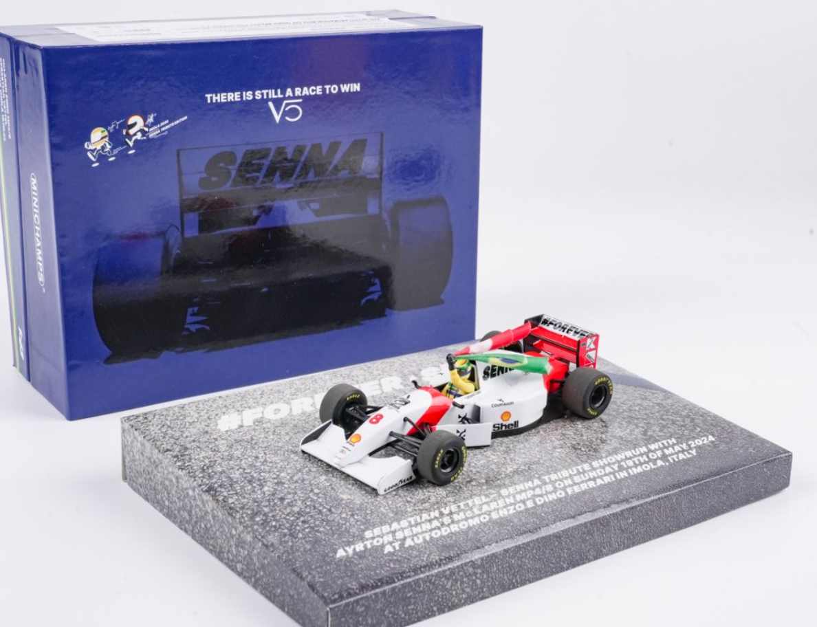 1/43 Minichamps Formula 1 McLaren Ford MP4/8 Sebastian Vettel Tribute Imola Ayrton Senna May 18th 2024 Car Model with Figure & Flag