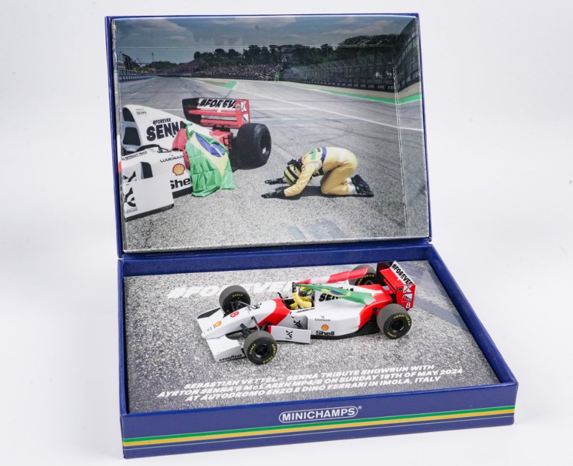 1/43 Minichamps Formula 1 McLaren Ford MP4/8 Sebastian Vettel Tribute Imola Ayrton Senna May 18th 2024 Car Model with Figure & Flag